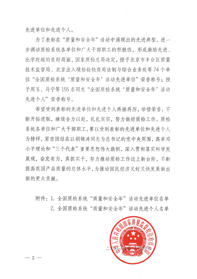 國家質(zhì)量監(jiān)督檢驗檢疫總局《關(guān)于表彰全國質(zhì)檢系統(tǒng)&ldquo;質(zhì)量和安全年&rdquo;活動先進單位和先進個人的決定》